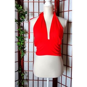 mmCmmCmm | Bright Red V-Plunge Tie Neck Halter Top
